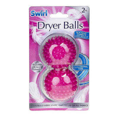Swirl Fabric Softening Tumble Dryer Balls, 2 pack, reusable and eco-friendly, come in clear packaging and are safe for all fabrics.