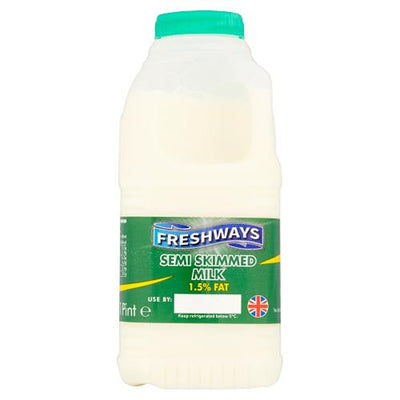 A 568ml plastic bottle of Freshways Semi Skimmed Milk with a green cap and label, featuring 1.5% fat and a British flag.