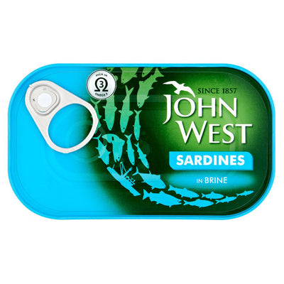 A 120g can of John West Sardines in Brine with a pull-tab lid. The blue-green label features the John West logo. These sardines are high in protein and a natural source of Omega 3.