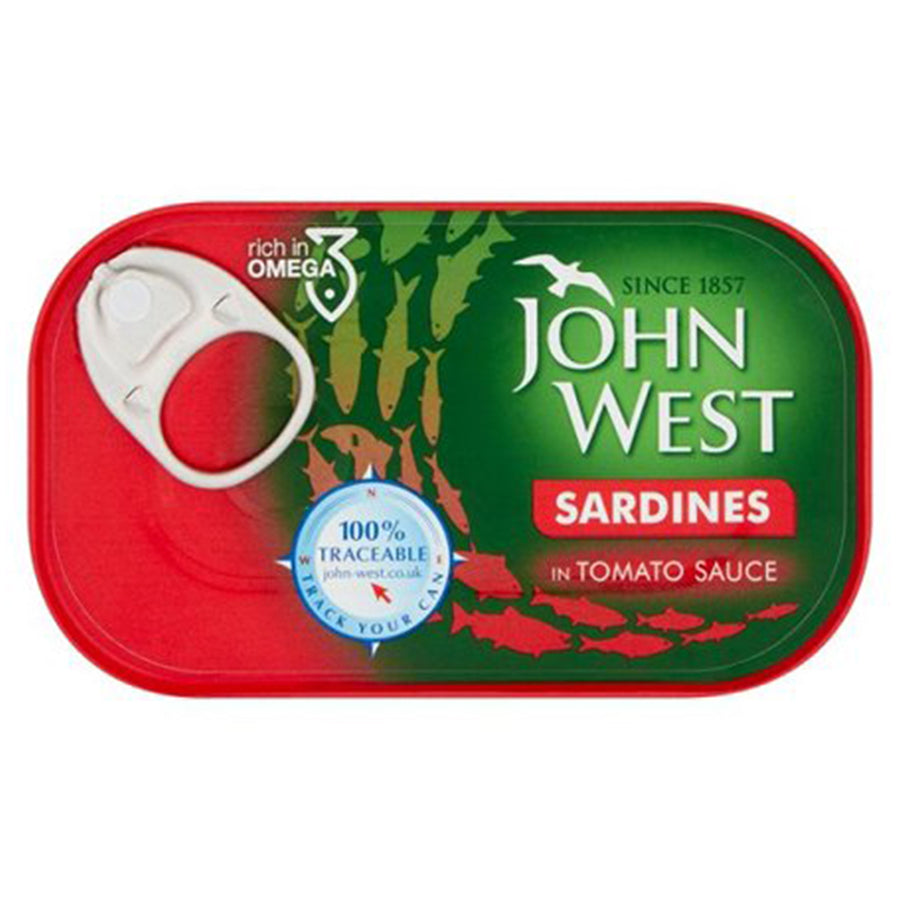 John West Sardines in Tomato Sauce (120g) feature a pull-tab lid, red and green label, are 100% traceable, and are a rich source of omega-3.