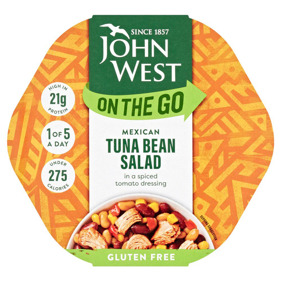 The packaging for John West's Light Lunch Mexican Style Tuna Beans Salad - 220g emphasizes its gluten-free, high-protein benefits, all under 275 calories. This flavorful salad features skipjack tuna and a spiced tomato dressing, perfectly accented with sweetcorn for an extra burst of taste.