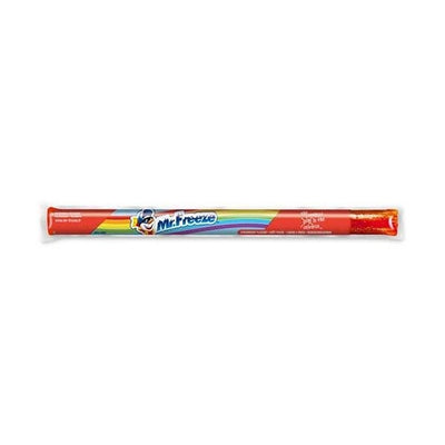A single unopened Mr. Freeze Strawberry Ice Lolly (45ml) in a clear plastic tube with red color and branded "Mr. Freeze" label in the center.