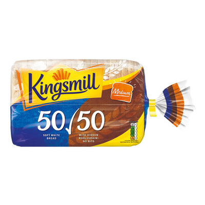 A loaf of Kingsmill Medium 50/50 Sliced Bread (800g), blending wholemeal and white bread benefits, in branded packaging with a twist tie on the right.