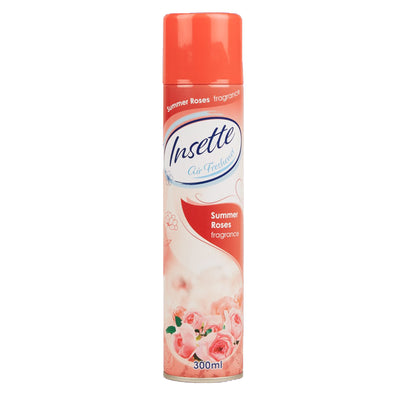 A 350ml can of Insette Summer Roses Air Freshener Spray by Insette, with a refreshing rose fragrance.