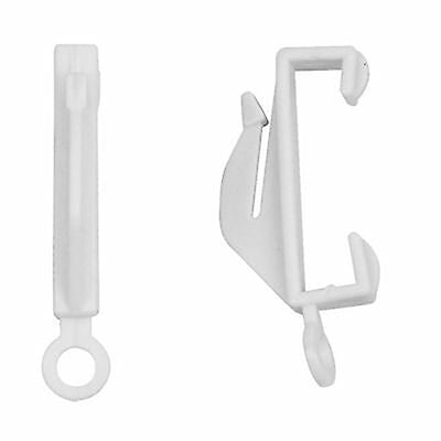 Swish - White Curtain Nylonglide (Pack of 5) by Swish: white plastic hooks with loops and angled clips, designed for attaching curtains or drapery rails. Shown from front and side.