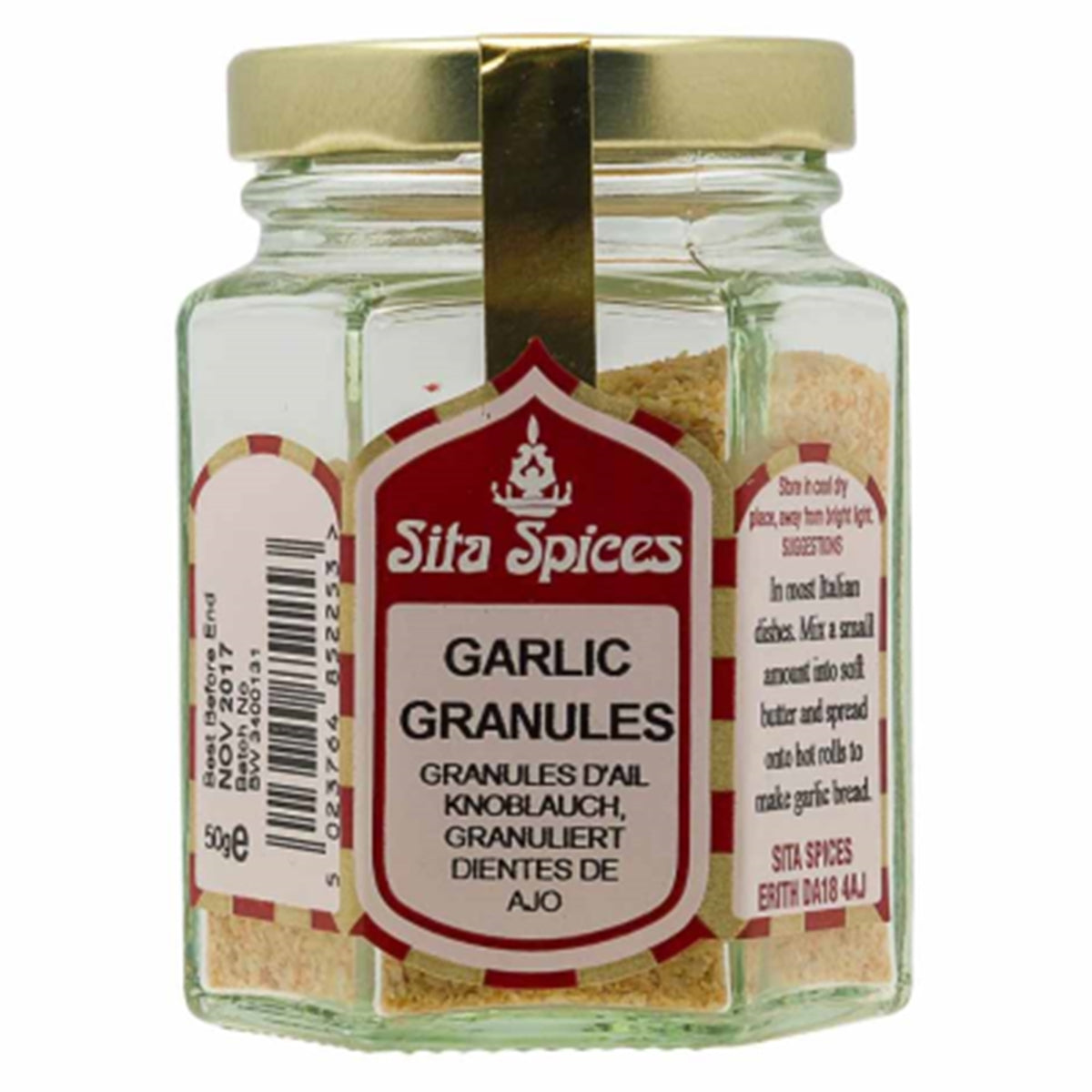 A jar of Sita Spices - Garlic Granules - 50g on a white background.