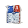 The Essential Shot Glasses - Pack of 30 by Essential includes reusable red and blue plastic shot glasses, neatly stacked and wrapped in clear plastic packaging.