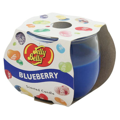 The Jelly Belly - Blueberry Scented Candle features a fresh blueberry aroma in a glass container, accented with colorful jelly bean graphics on the packaging.