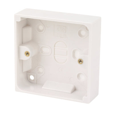 The Power+ Pattress Box - 25mm is a white plastic electrical back box by Power+ featuring two metal screw inserts and multiple mounting holes, shown on a white background.