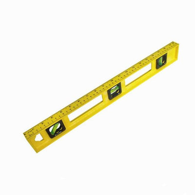 The JAK - 16" Spirit Level by JAK is a yellow tool with measurement markings and three bubble vials, designed for checking level surfaces.