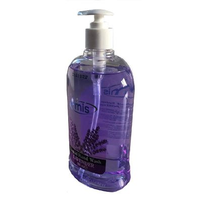 A clear plastic pump bottle of Mis - Lavender Liquid Hand Wash (500ml), filled with purple soap and featuring a lavender flower graphic on the label.