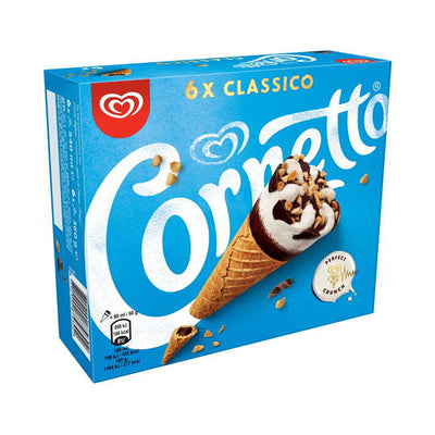A blue box of Wall's Cornetto Classico ice cream cones features an image of a nut-topped cone and indicates there are 6 pieces inside.