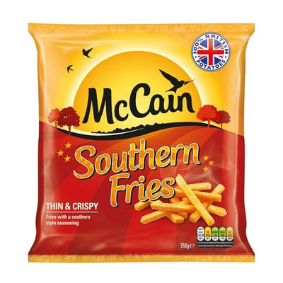 A 750g bag of McCain Southern Fries features "Thin & Crispy" and "Fries with a southern style seasoning" on the pack, plus a sunrise graphic and British potato seal—ideal for fans of crispy, boldly seasoned fries.