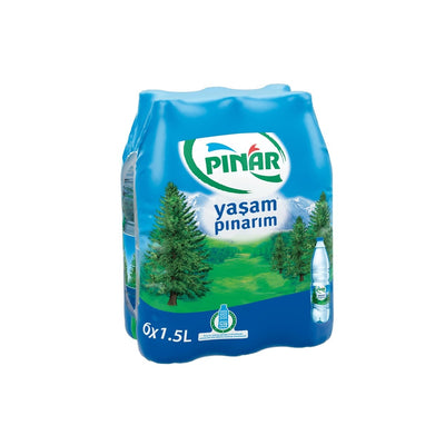 Pinar Still Water 6 x 1.5L offers natural spring water with a refreshing taste and balanced pH 8.2, packaged in blue-labeled bottles featuring green trees and mountains.