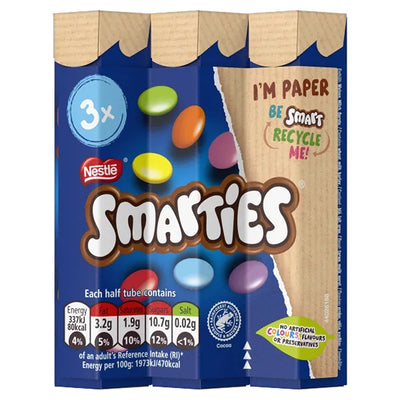 Nestle Smarties Milk Chocolate Tube 3 Pack (3 x 34g) features eco-friendly blue cardboard packaging with colorful candy images and nutrition info displayed.