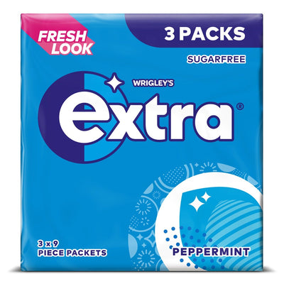 A blue Wrigley's Extra Peppermint Multipack (3 Pack), sugarfree gum, with "Fresh Look" and three 9-piece packets on the label.
