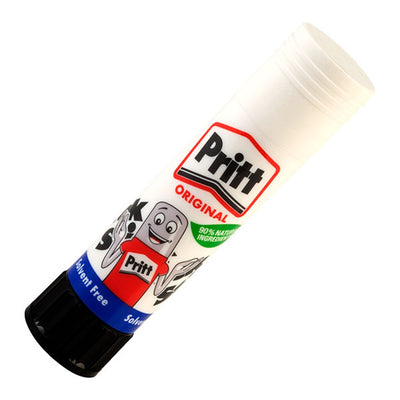 The Pritt - Stick Glue - 11g features a black cap, white body, and a colorful label with the Pritt logo, cartoon mascot, and product details.