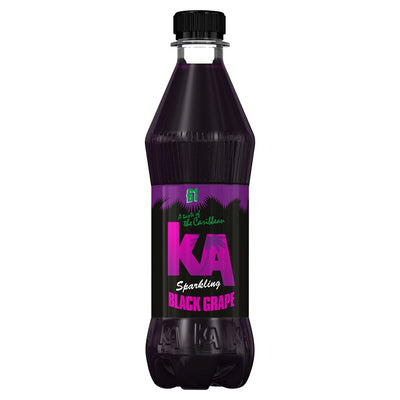 A 500ml KA Sparkling Black Grape soft drink in a plastic bottle with a black cap and purple label.