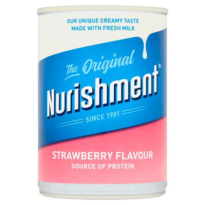 A 370ml can of Nurishment Strawberry Flavour drink, made with fresh milk and a source of protein.