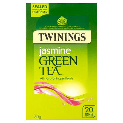 Enjoy Twinings Jasmine Green Tea—20 tea bags per box. Labeled "All natural ingredients" and "Sealed for freshness," each cup offers the fragrant taste of jasmine green tea.
