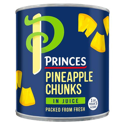 A 432g can of Princes Pineapple Chunks in Juice, featuring tropical fruit pieces on a dark blue label with "Packed from fresh," "1 of your 5 a day," and juicy pineapple in juice highlighted.