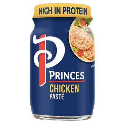 Princes Chicken Paste 75g is a savoury spread with a blue label and yellow lid marked "High in Protein," featuring an image of paste on bread.