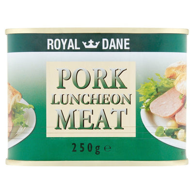A 250g can of Royal Dane Pork Luncheon Meat, with a label showing sliced pork and salad.