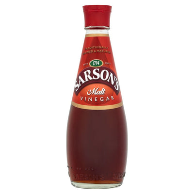 A 250ml bottle of Sarson's Malt Vinegar, featuring the brand’s red cap and label.
