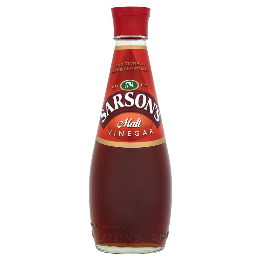 A 250ml bottle of Sarson's Malt Vinegar, featuring the brand’s red cap and label.