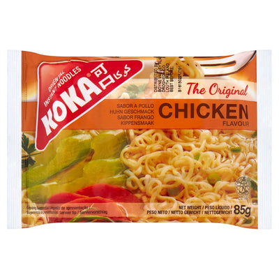 A packet of Koka - Chicken Flavour Instant Noodles (85g) from Koka, with a multilingual flavor description and an image showing noodles with vegetables.