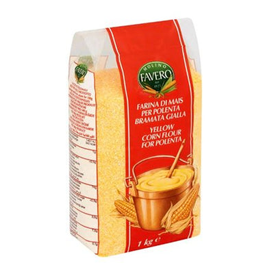 Favero Yellow Cornflour - 1kg features an illustration of a pot of polenta and corn cobs on the front label.
