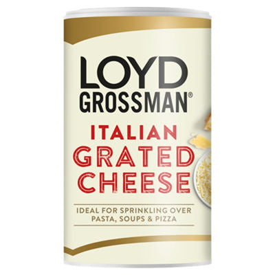 An 80g container of Loyd Grossman Italian Grated Cheese, perfect for sprinkling over pasta, soups, and pizza.