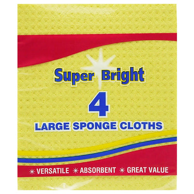 A 4-pack of Super Bright Sponge Cloths, large yellow and labeled as versatile, absorbent, and great value.