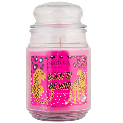 The Starlytes - Born to be Wild Scented Candle (510g) features a pink candle in a glass jar with lid, decorated with two cheetahs and leopard print plus a "Born to Be Wild" label.