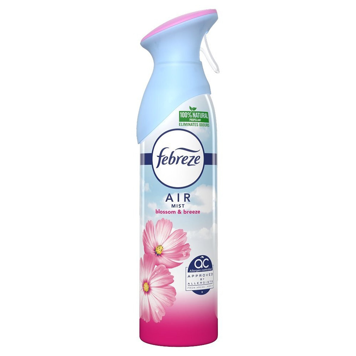 A bottle of Febreze - Blossom Breeze Scent Air Freshener Spray - 300ml with flowers on it.