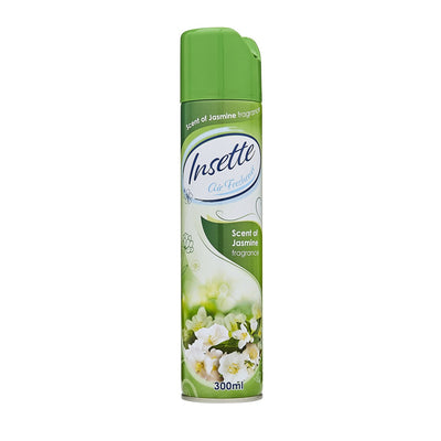 A 300ml can of Insette Air Freshener Scent Of Jasmine features green and white packaging with floral images and Insette branding.
