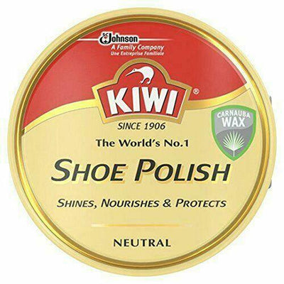 A 50ml round tin of Kiwi Neutral Shoe Polish, labeled "The World’s No.1 Shoe Polish,” contains carnauba wax and is made by Kiwi.