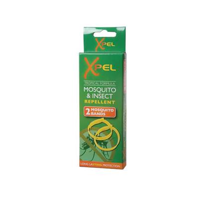 Green box of Xpel Kids Mosquito/Insect Repellent Bands by Xpel, containing 2 bands with product branding and images of the bands on the packaging.