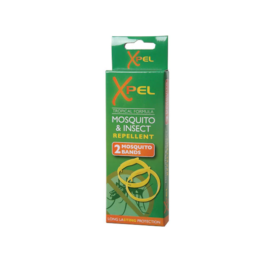 Green box of Xpel Kids Mosquito/Insect Repellent Bands by Xpel, containing 2 bands with product branding and images of the bands on the packaging.