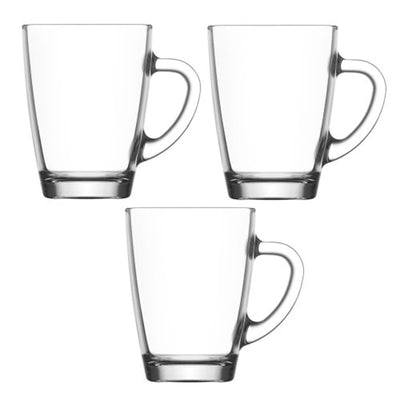 Three Lav Tea Cups, made of clear glass with handles, are arranged in a triangular formation on a plain white background.