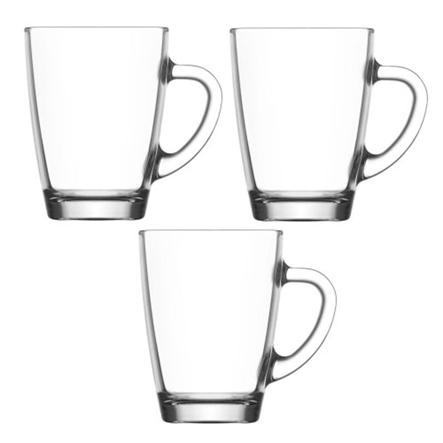 Three Lav Tea Cups, made of clear glass with handles, are arranged in a triangular formation on a plain white background.
