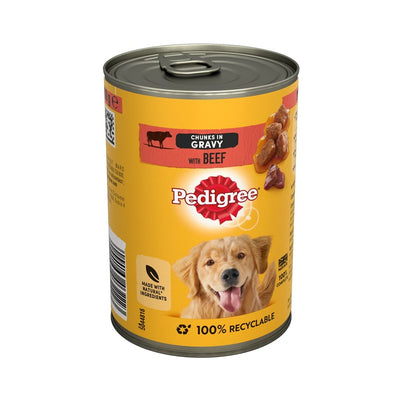 A 400g can of Pedigree Chunks in Gravy Beef displays a dog image on the label and highlights its 100% recyclable packaging.