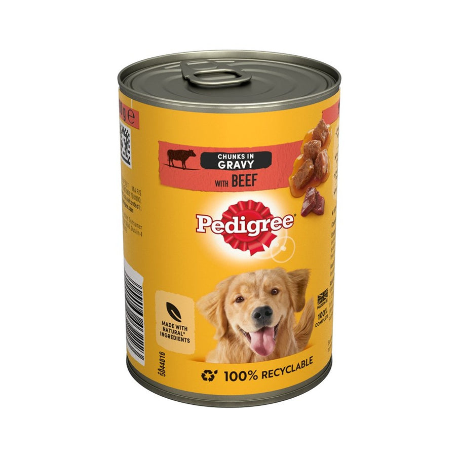 A 400g can of Pedigree Chunks in Gravy Beef displays a dog image on the label and highlights its 100% recyclable packaging.
