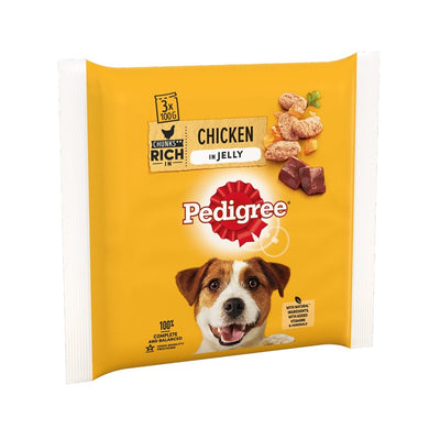 A yellow Pedigree Adult Wet Dog Food Pouches Chicken in Jelly pack (3 x 100g) with a dog's face and product details on the packaging.