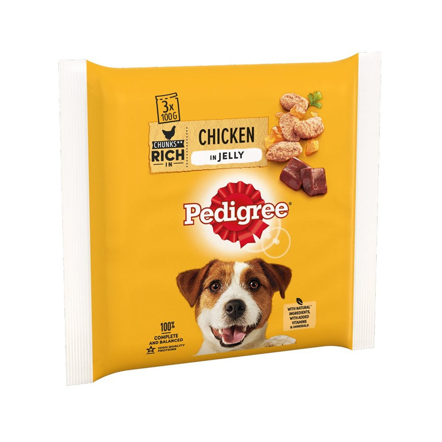 A yellow Pedigree Adult Wet Dog Food Pouches Chicken in Jelly pack (3 x 100g) with a dog's face and product details on the packaging.