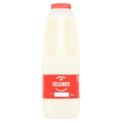 A 1L plastic bottle of Freshways Skimmed Milk, featuring a red cap and label with the British flag.