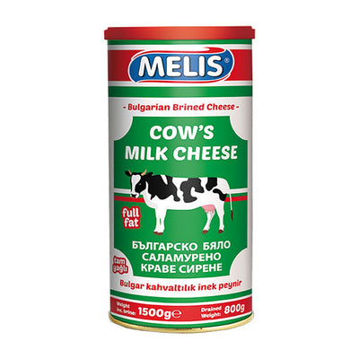 An 800g cylindrical container of Melis Bulgarian Cow Cheese, featuring a cow illustration and multilingual product details on a green background.