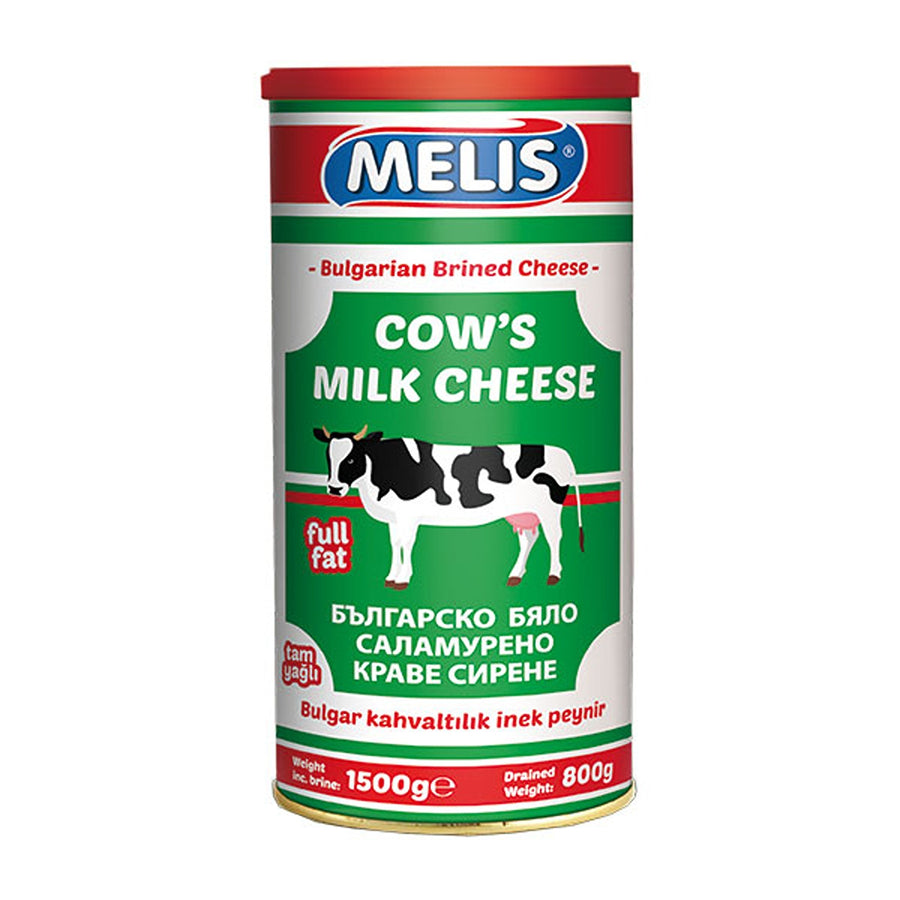 An 800g cylindrical container of Melis Bulgarian Cow Cheese, featuring a cow illustration and multilingual product details on a green background.