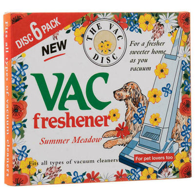 The Vac Disc - Summer Meadow Air Freshener Discs (6-pack) by The Vac Disc fit all vacuums, remove odours, and are perfect for pet lovers. Features a vacuum, dog, and colorful flowers on the pack.