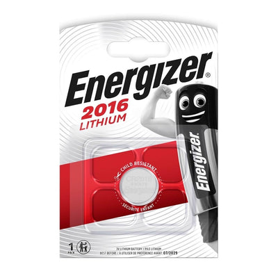 Energizer - CR2016 Battery in child-resistant packaging, featuring the Energizer brand logo and cartoon battery character.